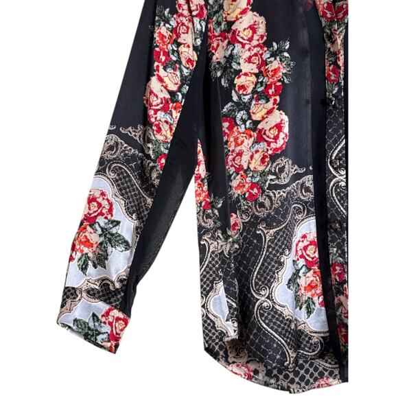 Hale Bob Silk Floral Blouse Black Red Rose Baroque Print Button Down Top Size M - Picture 2 of 7